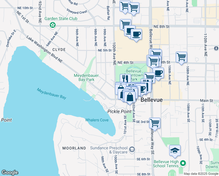 map of restaurants, bars, coffee shops, grocery stores, and more near 9913 Northeast 1st Street in Bellevue