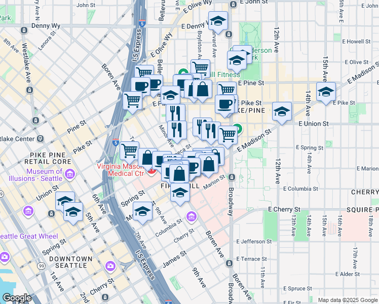 map of restaurants, bars, coffee shops, grocery stores, and more near 1204 Minor Avenue in Seattle