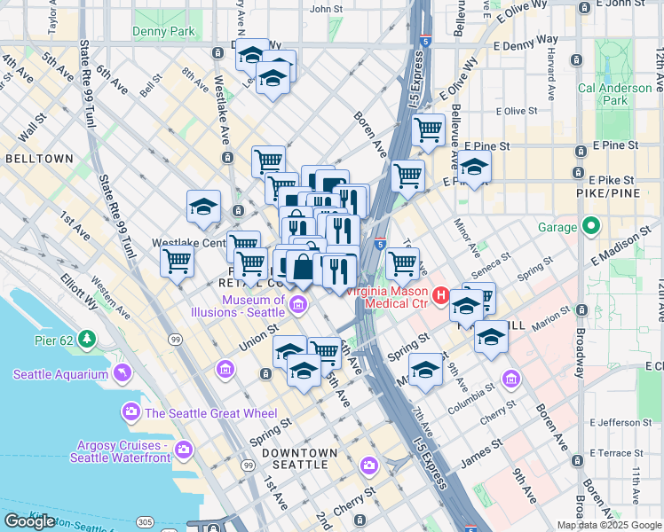 map of restaurants, bars, coffee shops, grocery stores, and more near 629 Pike Street in Seattle