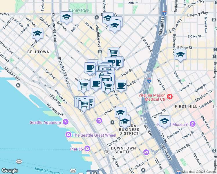 map of restaurants, bars, coffee shops, grocery stores, and more near 400 Pine Street in Seattle