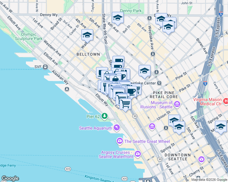 map of restaurants, bars, coffee shops, grocery stores, and more near 2016 1st Avenue in Seattle