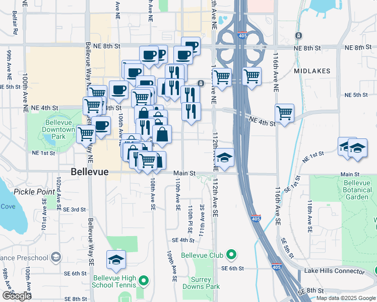 map of restaurants, bars, coffee shops, grocery stores, and more near 110 110th Avenue Northeast in Bellevue