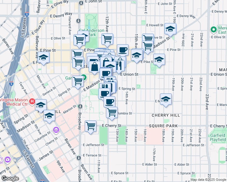 map of restaurants, bars, coffee shops, grocery stores, and more near 1215 East Spring Street in Seattle