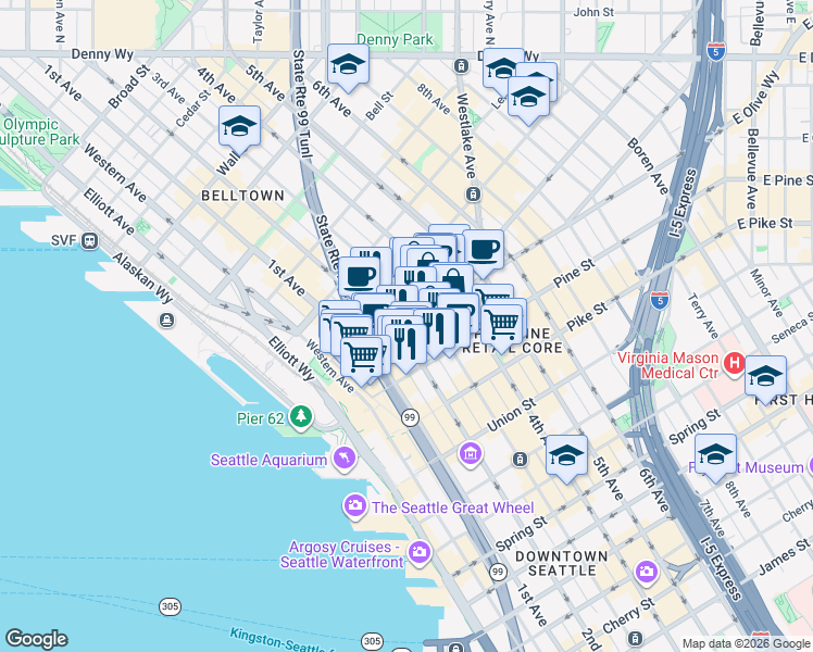 map of restaurants, bars, coffee shops, grocery stores, and more near 1902 2nd Avenue in Seattle