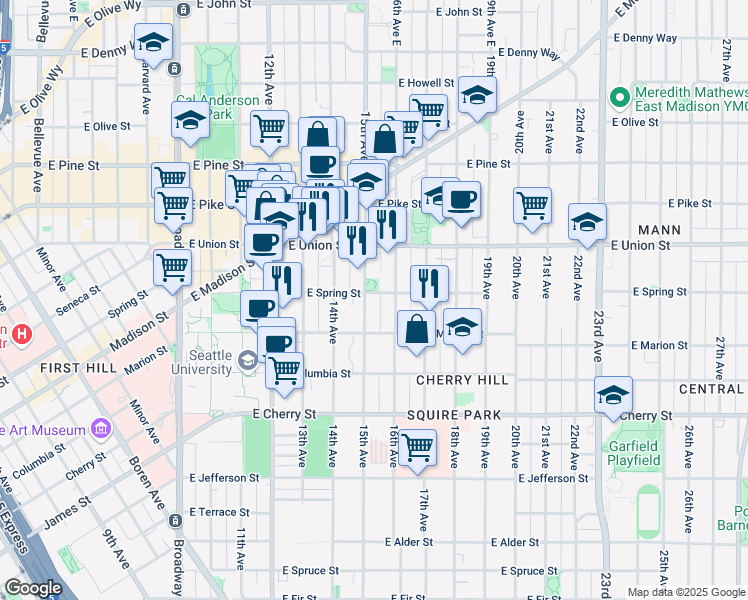 map of restaurants, bars, coffee shops, grocery stores, and more near 1501 East Spring Street in Seattle