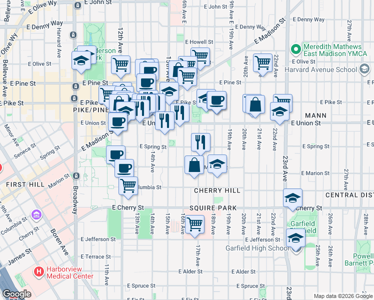 map of restaurants, bars, coffee shops, grocery stores, and more near 932 16th Avenue in Seattle