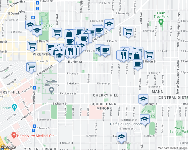 map of restaurants, bars, coffee shops, grocery stores, and more near 1701-1749 East Spring Street in Seattle