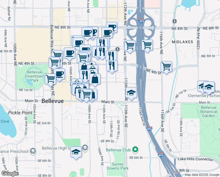 map of restaurants, bars, coffee shops, grocery stores, and more near 110 110th Avenue Southeast in Bellevue