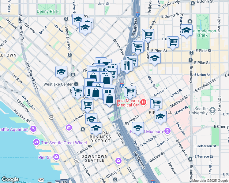 map of restaurants, bars, coffee shops, grocery stores, and more near in Seattle