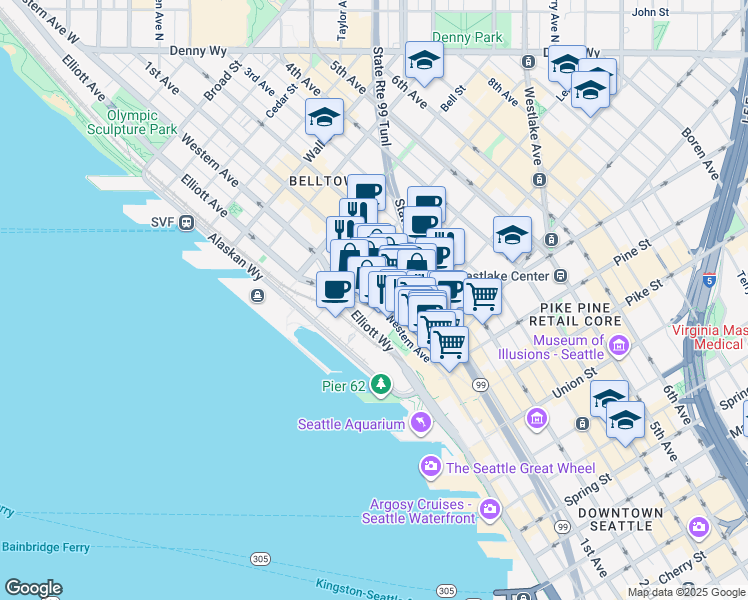 map of restaurants, bars, coffee shops, grocery stores, and more near 2100 Western Avenue in Seattle
