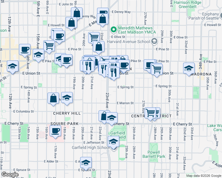 map of restaurants, bars, coffee shops, grocery stores, and more near 2311 East Spring Street in Seattle