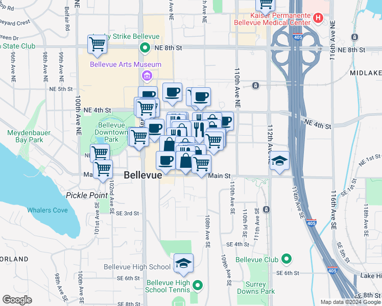 map of restaurants, bars, coffee shops, grocery stores, and more near 100 107th Avenue Northeast in Bellevue
