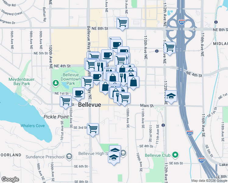 map of restaurants, bars, coffee shops, grocery stores, and more near 100 107th Avenue Northeast in Bellevue