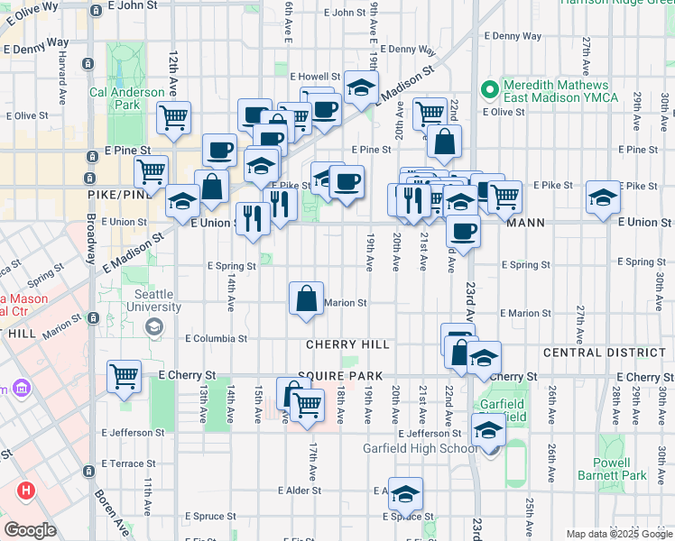 map of restaurants, bars, coffee shops, grocery stores, and more near 934 18th Avenue in Seattle