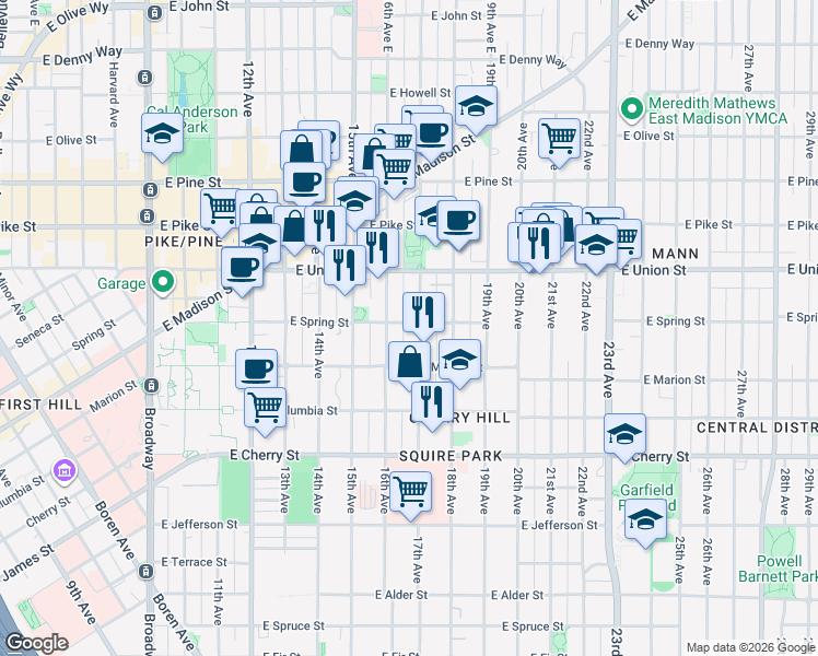 map of restaurants, bars, coffee shops, grocery stores, and more near 940 17th Avenue in Seattle