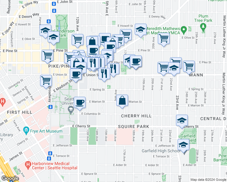 map of restaurants, bars, coffee shops, grocery stores, and more near 932 16th Avenue in Seattle
