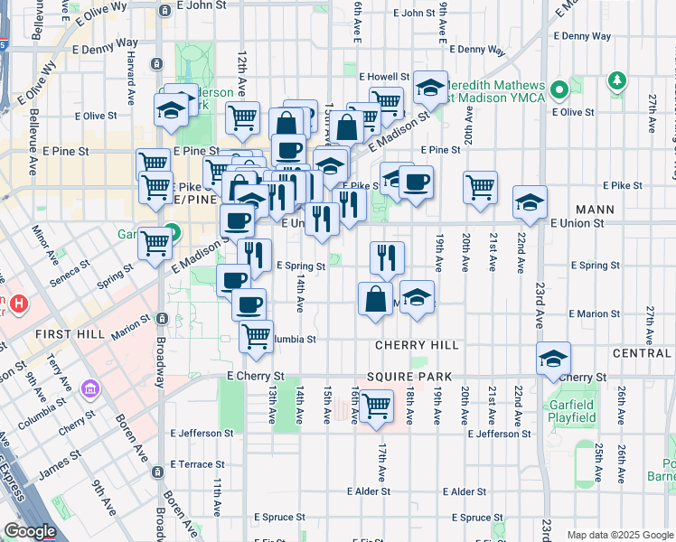 map of restaurants, bars, coffee shops, grocery stores, and more near 1013 15th Avenue in Seattle