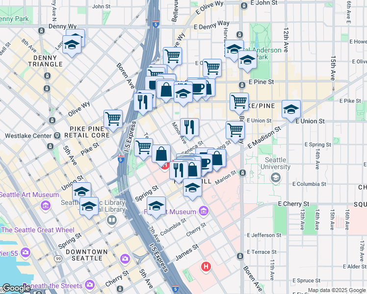 map of restaurants, bars, coffee shops, grocery stores, and more near in Seattle