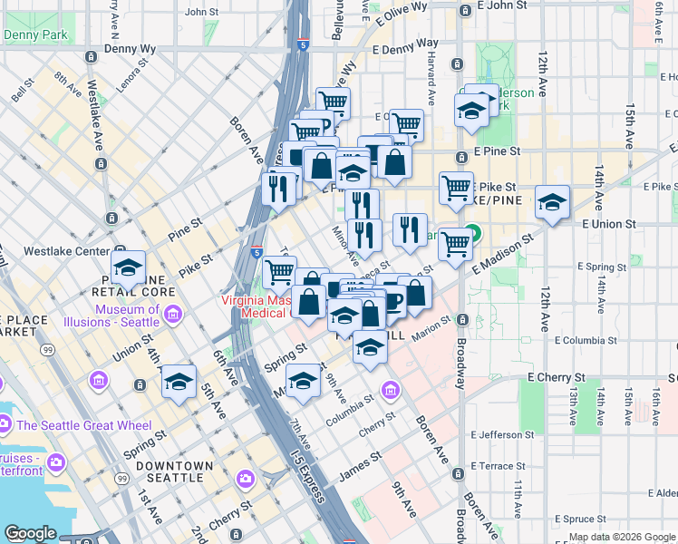 map of restaurants, bars, coffee shops, grocery stores, and more near in Seattle