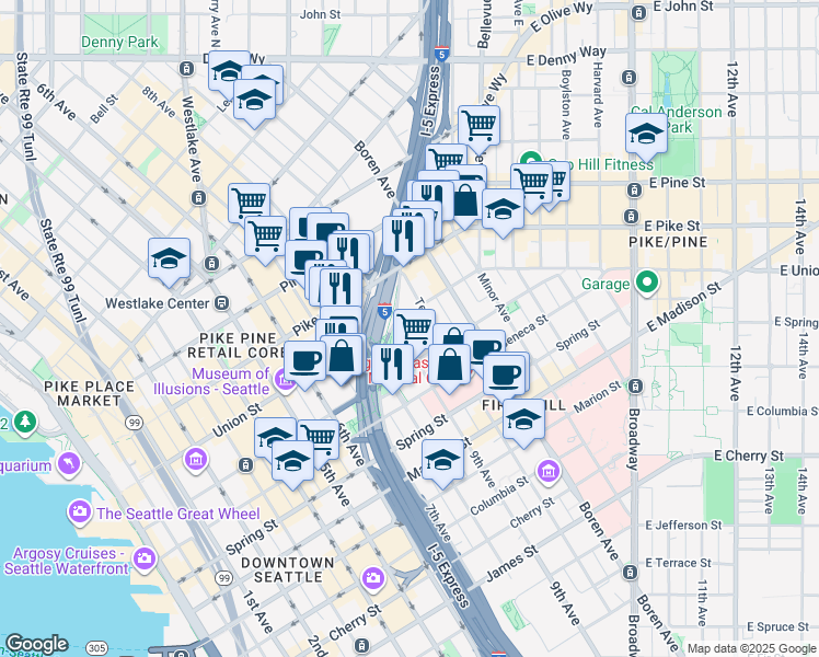 map of restaurants, bars, coffee shops, grocery stores, and more near 903 Union Street in Seattle
