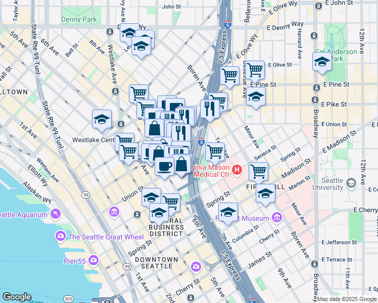 map of restaurants, bars, coffee shops, grocery stores, and more near 1373 Hubbell Place in Seattle