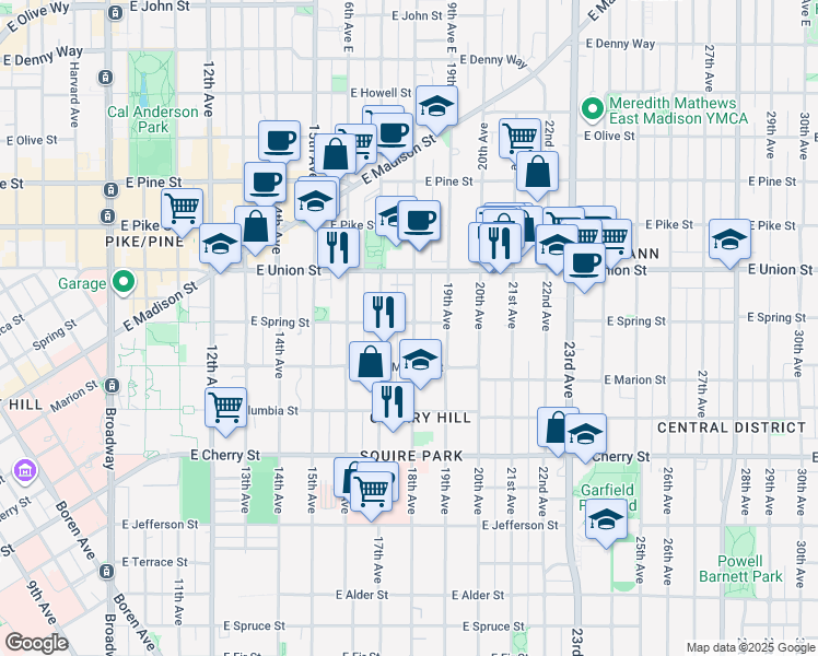 map of restaurants, bars, coffee shops, grocery stores, and more near 1749 East Spring Street in Seattle