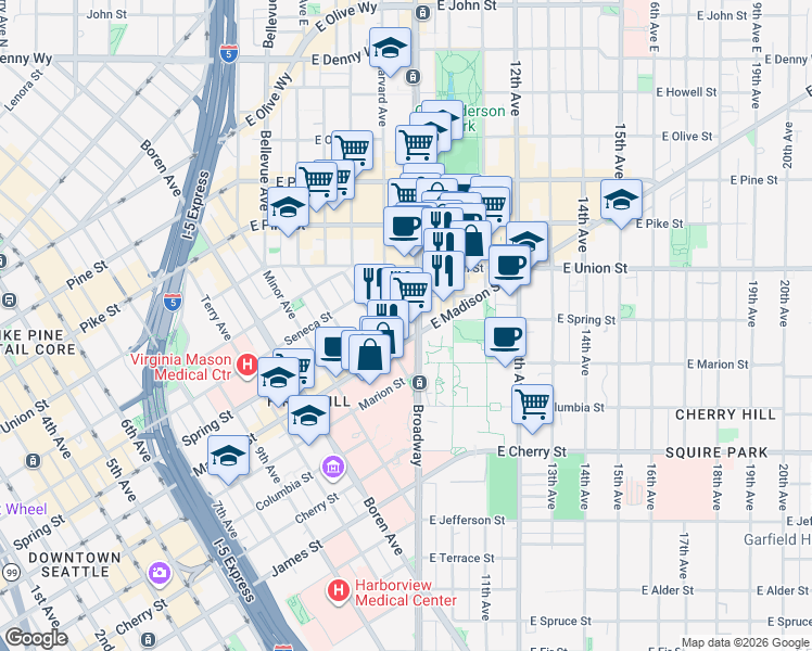 map of restaurants, bars, coffee shops, grocery stores, and more near in Seattle