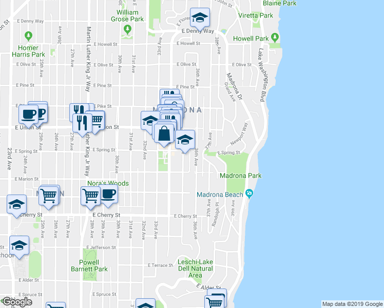 map of restaurants, bars, coffee shops, grocery stores, and more near 3515 East Spring Street in Seattle