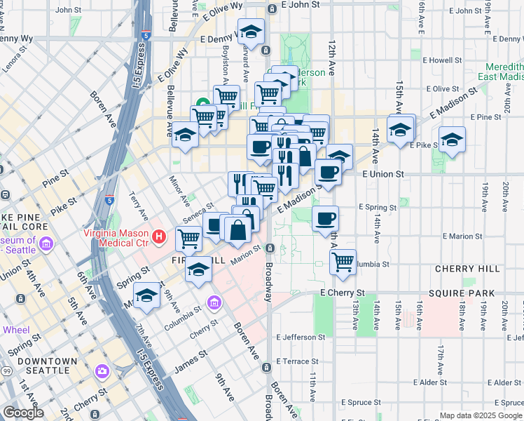 map of restaurants, bars, coffee shops, grocery stores, and more near in Seattle