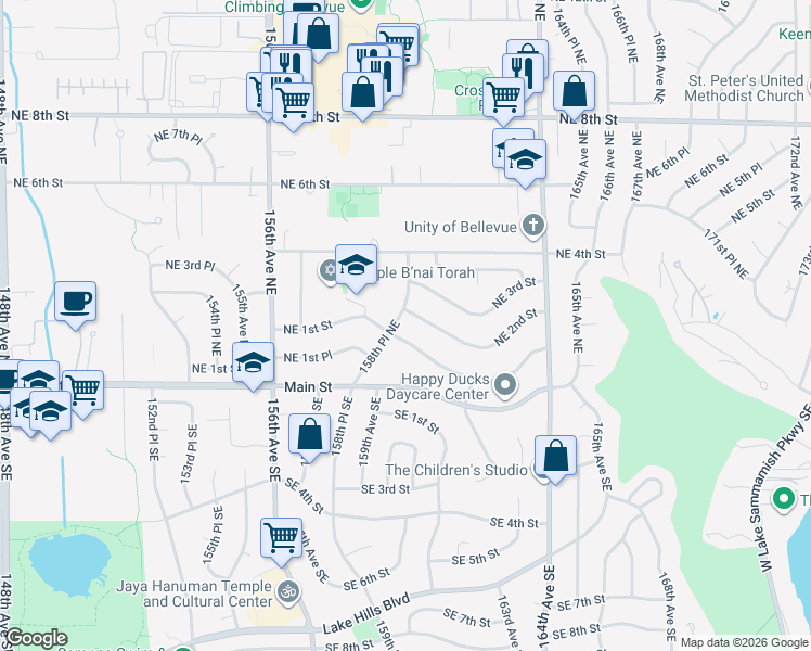 map of restaurants, bars, coffee shops, grocery stores, and more near 112 158th Place Southeast in Bellevue