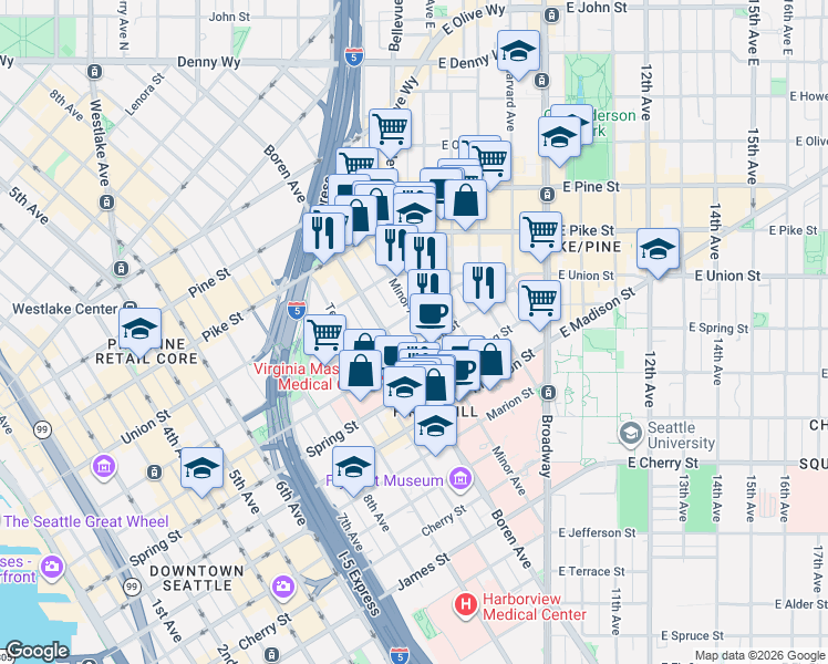 map of restaurants, bars, coffee shops, grocery stores, and more near 1221 Minor Avenue in Seattle