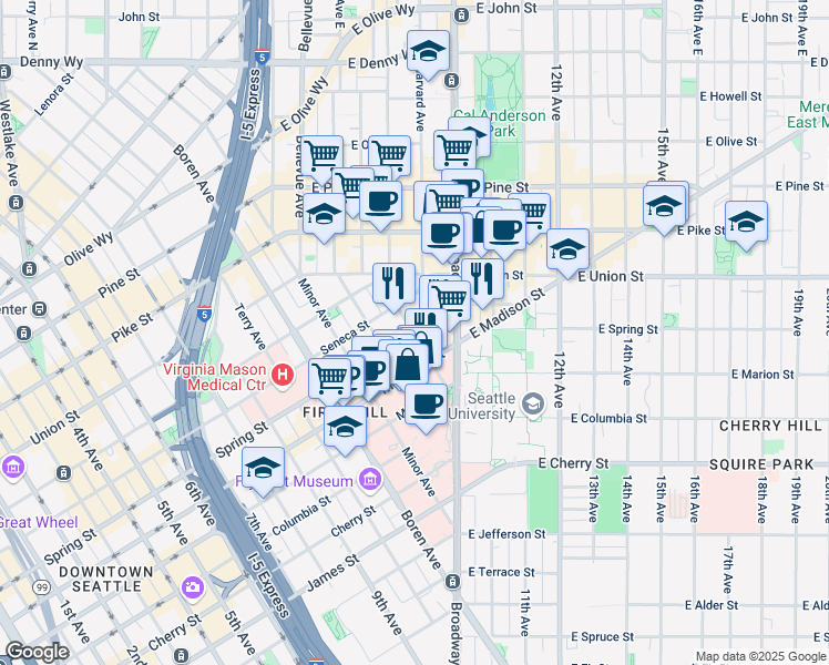 map of restaurants, bars, coffee shops, grocery stores, and more near 1401 Spring Street in Seattle