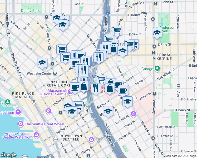 map of restaurants, bars, coffee shops, grocery stores, and more near 903 Union Street in Seattle