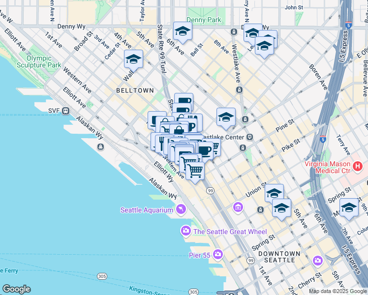 map of restaurants, bars, coffee shops, grocery stores, and more near 2016 1st Avenue in Seattle