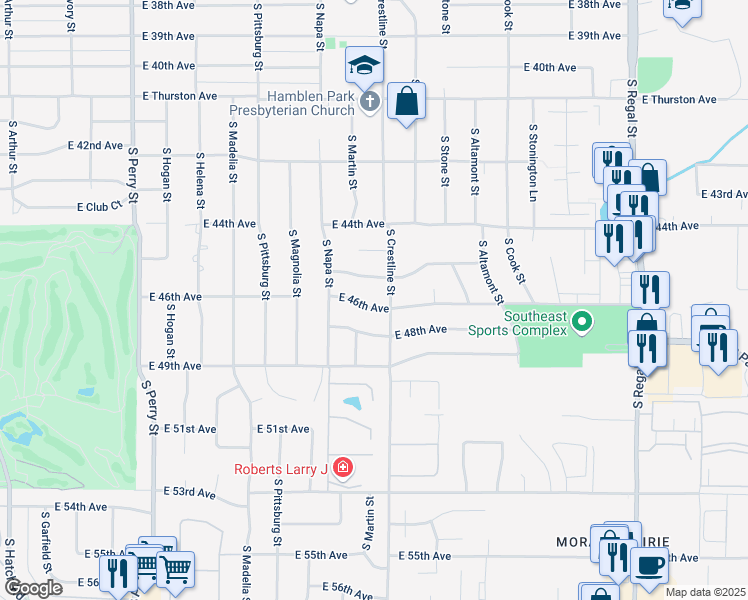 map of restaurants, bars, coffee shops, grocery stores, and more near 2121 East 46th Avenue in Spokane