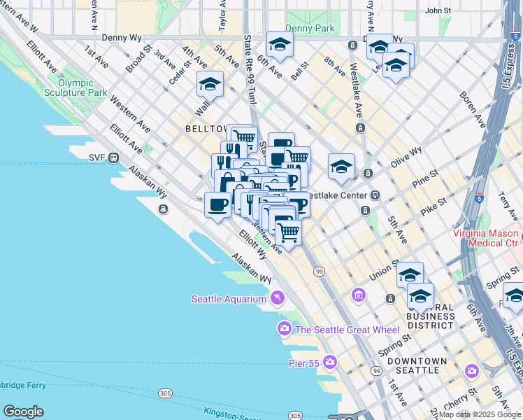 map of restaurants, bars, coffee shops, grocery stores, and more near 88 Lenora Street in Seattle