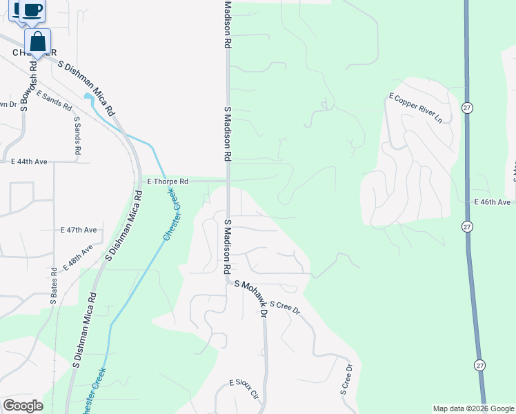 map of restaurants, bars, coffee shops, grocery stores, and more near 4611 South Madison Road in Spokane Valley