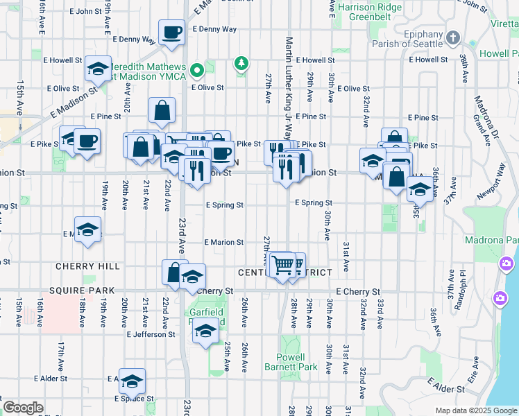 map of restaurants, bars, coffee shops, grocery stores, and more near 2619 East Spring Street in Seattle