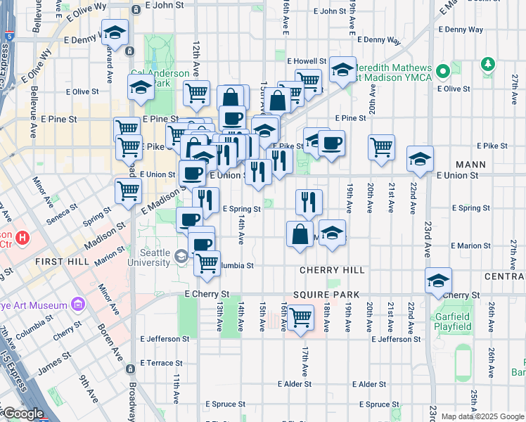 map of restaurants, bars, coffee shops, grocery stores, and more near 1013 15th Avenue in Seattle