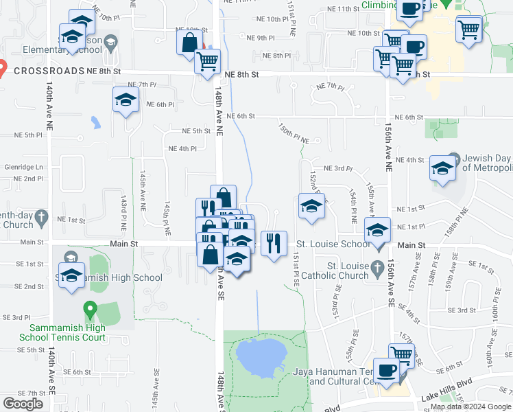 map of restaurants, bars, coffee shops, grocery stores, and more near 14933 Northeast 1st Place in Bellevue