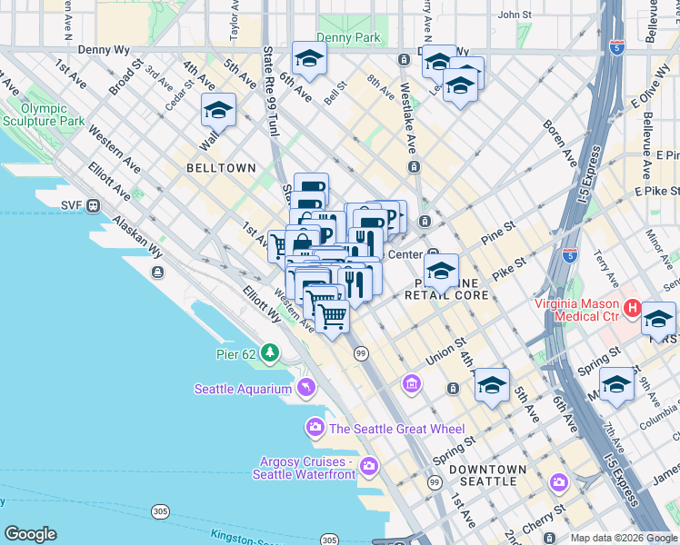 map of restaurants, bars, coffee shops, grocery stores, and more near 2nd Avenue in Seattle
