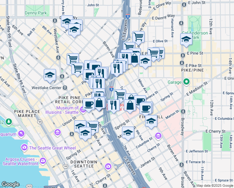 map of restaurants, bars, coffee shops, grocery stores, and more near 903 Union Street in Seattle