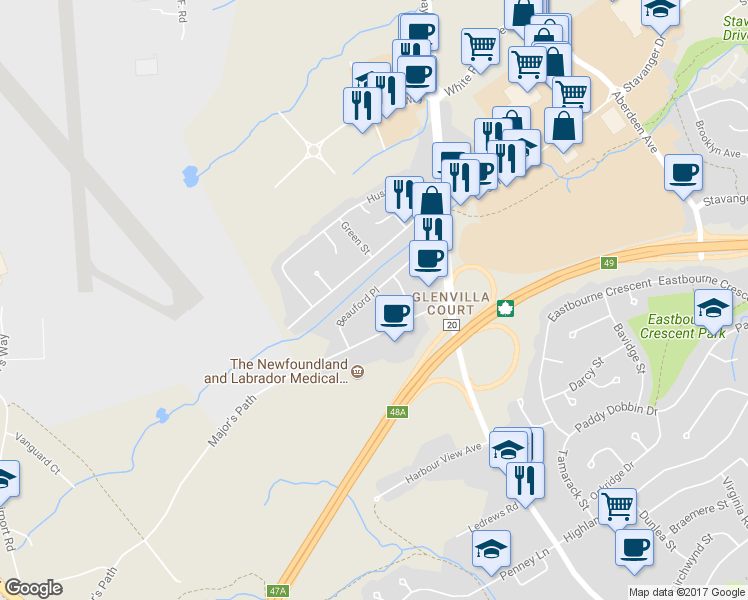 map of restaurants, bars, coffee shops, grocery stores, and more near 31 Beauford Place in St. John's