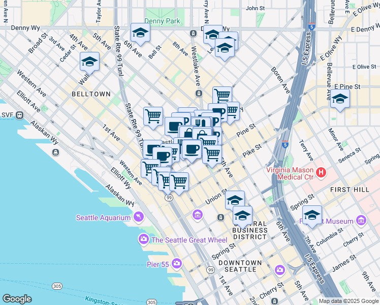 map of restaurants, bars, coffee shops, grocery stores, and more near 300 Pine Street in Seattle