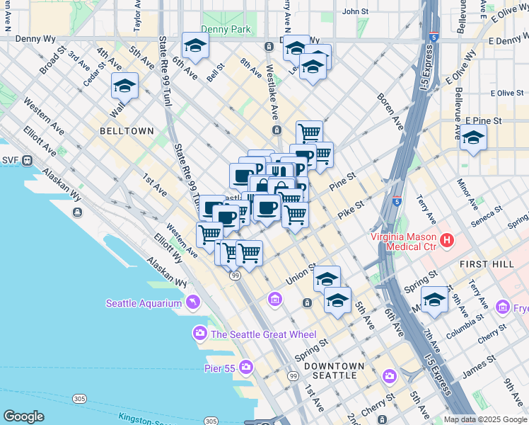 map of restaurants, bars, coffee shops, grocery stores, and more near 300 Pine Street in Seattle
