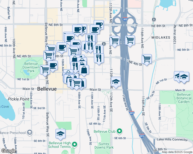 map of restaurants, bars, coffee shops, grocery stores, and more near 110 110th Avenue Southeast in Bellevue