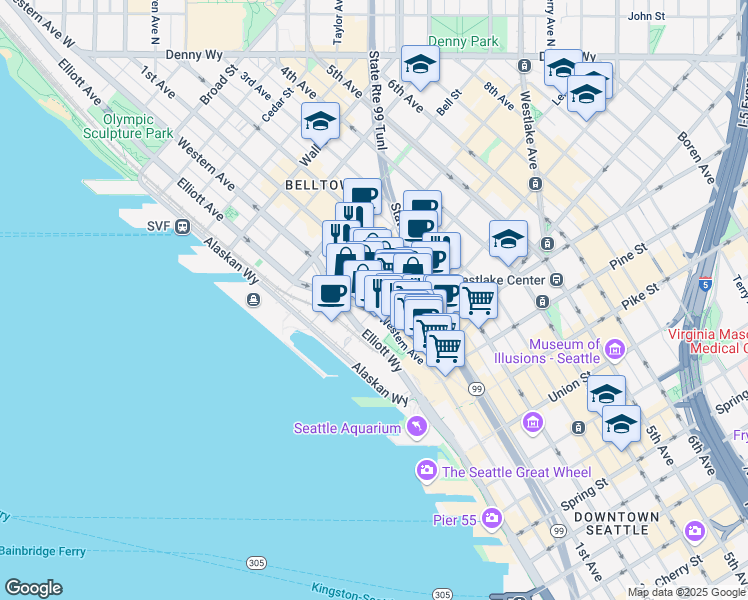 map of restaurants, bars, coffee shops, grocery stores, and more near 88 Lenora Street in Seattle