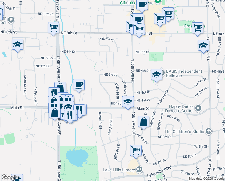 map of restaurants, bars, coffee shops, grocery stores, and more near 15235 Northeast 1st Place in Bellevue