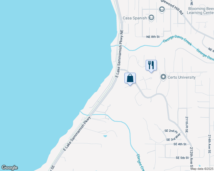 map of restaurants, bars, coffee shops, grocery stores, and more near 227 East Lake Sammamish Shore Lane Northeast in Sammamish