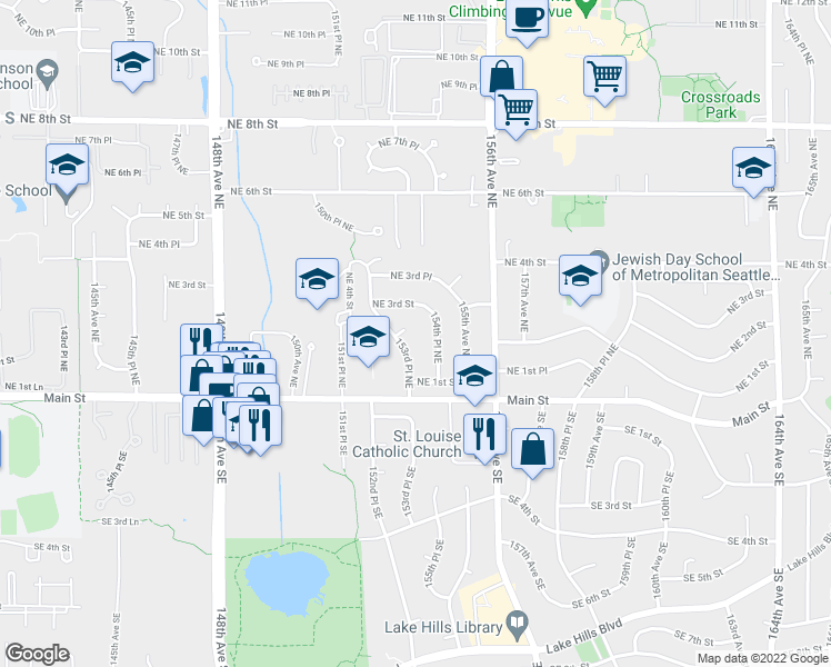 map of restaurants, bars, coffee shops, grocery stores, and more near 15235 Northeast 1st Place in Bellevue